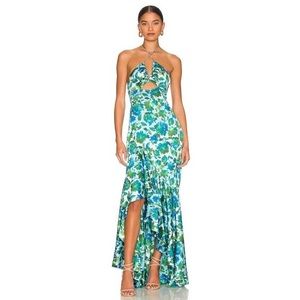 Edie High Low Neck Tie Gown in Cerulean Lotus Block by AMUR